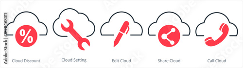A set of 5 internet icons as cloud discount, cloud setting, edit cloud