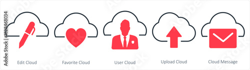 A set of 5 internet icons as edit cloud, favorite cloud, user cloud