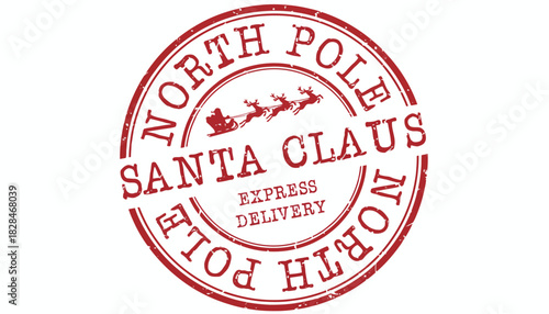 Vintage red ink postal stamp graphic for Christmas mail, showing a classic sleigh and reindeer with express delivery text