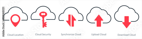 A set of 5 internet icons as cloud location, cloud security, synchronize cloud