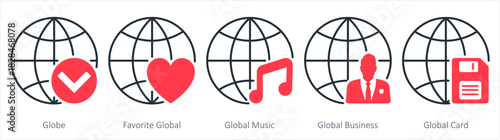 A set of 5 internet icons as globe, favorite global, global music