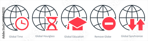 A set of 5 internet icons as global time, global hourglass, global education