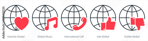 A set of 5 internet icons as favorite global, global music, international call