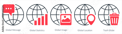 A set of 5 internet icons as global message, global statistics, global image