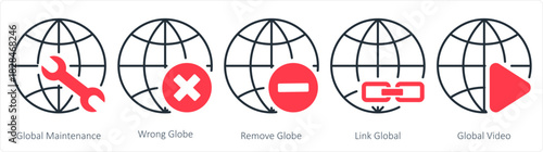 A set of 5 internet icons as global maintenance, wrong globe, remove globe