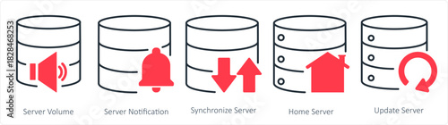 A set of 5 internet icons as server volume, server notification, synchronize server