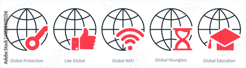 A set of 5 internet icons as global protection, like global, global wifi