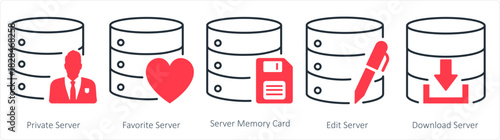 A set of 5 internet icons as private server, favorite server, server memory card