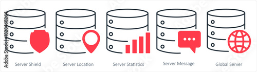 A set of 5 internet icons as server shield, server location, server statistic