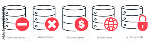 A set of 5 internet icons as remove server, wrong server, finance server