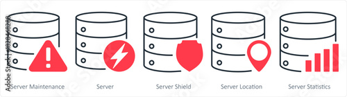 A set of 5 internet icons as server maintenance, server, server shield