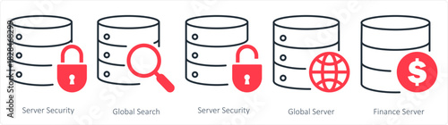 A set of 5 internet icons as server security, global search, global server
