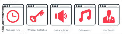 A set of 5 internet icons as webpage time, webpage protection, online volume