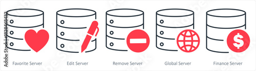 A set of 5 internet icons as favorite server, edit server, remove server