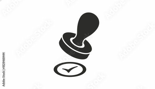 A monochrome icon of a hand stamper signifying validation, confirmation, and successful approval with a tick mark