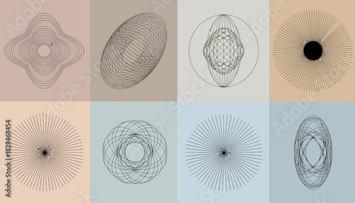 Modern collection of intricate wireframe shapes showcasing geometric wave patterns and complex linear forms