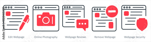 A set of 5 internet icons as edit webpage, online photography, webpage reviews