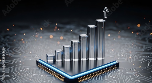 Visualize exponential growth with this powerful technology concept showing rising bars and a circuit board, signaling success and innovation in business