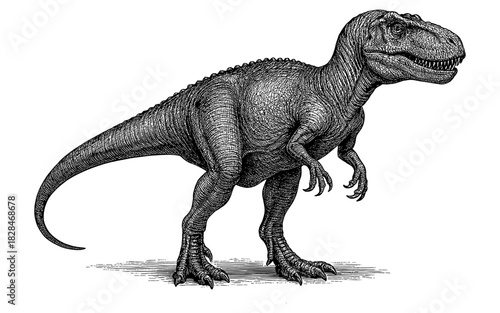 Detailed black and white dinosaur standing illustration with textured appearance