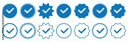 Blue checkmark tick verified badge icon vector, social media verified profile symbol, approval certification label, identity verification logo, trust emblem for official account branding