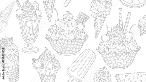Ice Cream Dessert Pattern Coloring Page – Cute Sweet Treat Line Art Background