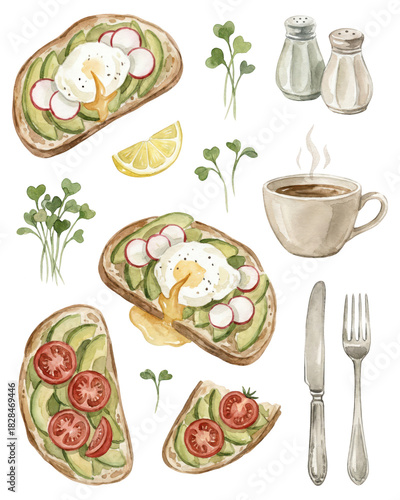 Watercolor Avocado Toast Breakfast Set: Avocado, Eggs, Radish, Tomato, Sprouts, Lemon & Coffee