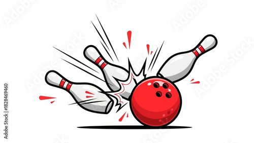 Bowling Strike Clipart – Red Bowling Ball Hitting Pins Cartoon Illustration
