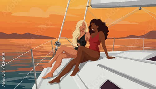 Two diverse women friends relaxing on the deck of a luxury yacht, enjoying a beautiful ocean sunset on a summer vacation