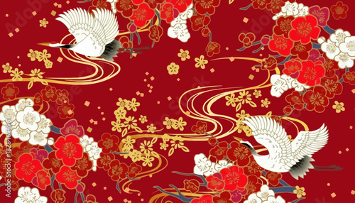 Auspicious Japanese seamless pattern with graceful cranes, red flowers, and golden streams. An elegant traditional Asian textile design