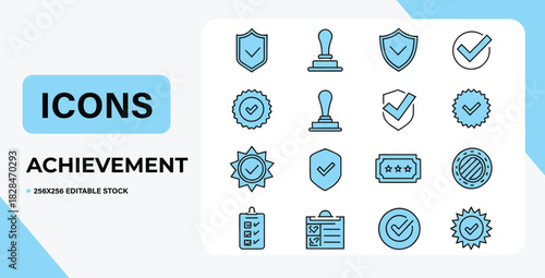 Achievement Icon Set Shields Checkmarks Stamps Tickets and List Icons in Blue