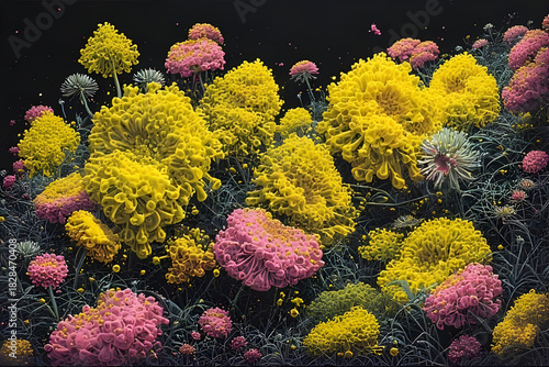 Coral and yellow marigolds in a colorful garden flower arrangement reminiscent of a tropical underwater reef.