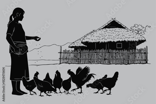 Woman Feeding Chickens on a Farm silhouette vector design art and illustration