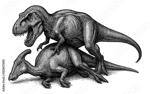 Intricate black and white engraving of dinosaurs in dynamic pose