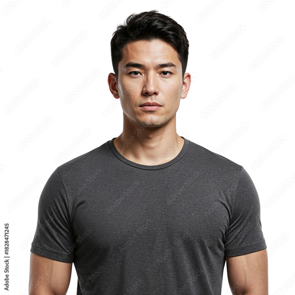 Obraz premium Athletic asian man posing confidently wearing a gray t-shirt studio portrait isolated on transparent background