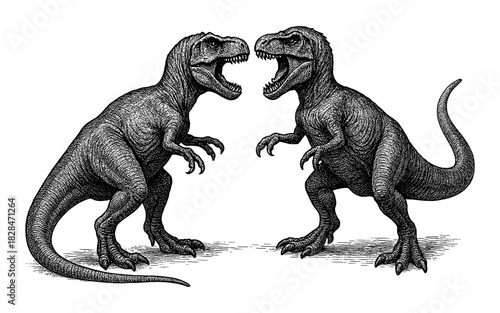 Vintage engraved dinosaur art featuring two fierce tyrannosaurus rex