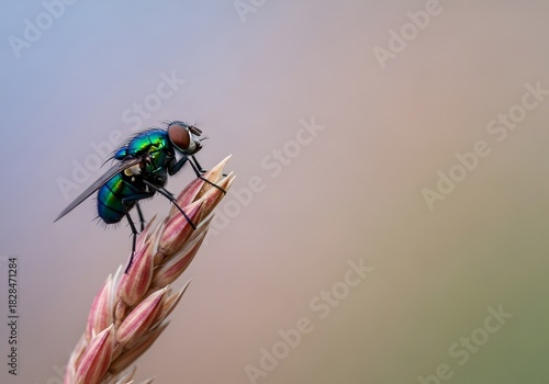Wallpaper Mural Close up of Iridescent Green Bottle Fly Resting on Wheat Grain Macro Insect Photography Revealing Intricate Details of the Natural World with Soft Pastel Background Colors Torontodigital.ca