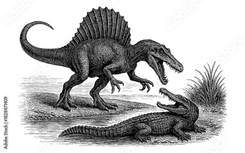 Vintage engraving of a spinosaurus confronting a crocodile by a riverbank