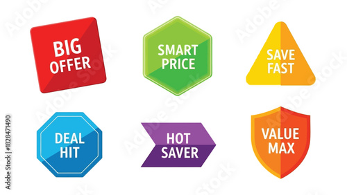 Vector illustration of colorful set of six discount and promotion badges with text
