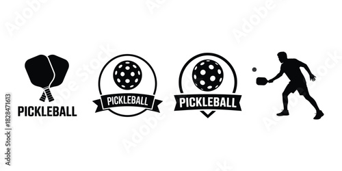 Pickleball Sports Logos and Player Silhouette - Racket Sport, Game & Activity