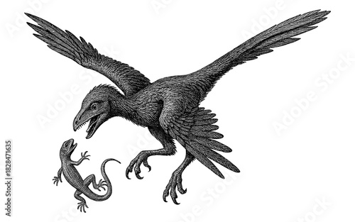 Intricate monochrome fantasy dinosaur illustration of prehistoric predator and lizard encounter