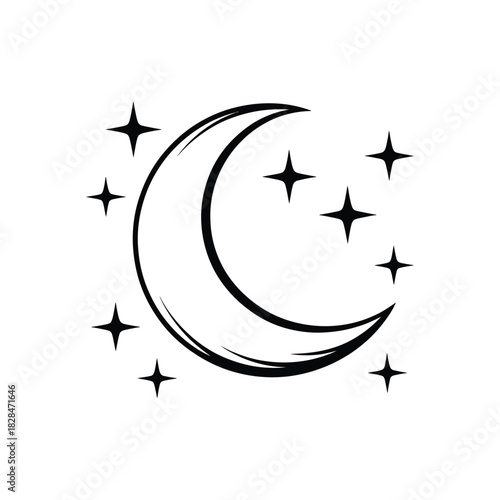 Crescent Moon and Stars Outline - Night Sky, Celestial & Dreamy
