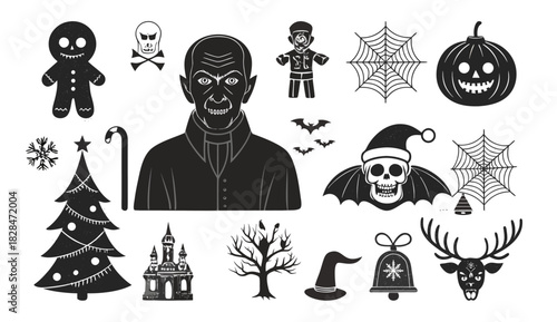 Collection of Silhouette Halloween and Holiday Icons Featuring Pumpkin Gingerbread Man Vampire Christmas Tree Skull Spiderweb Bat Deer and Castle Isolated on White Background