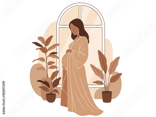 A pregnant woman stands gracefully by a window, radiating serenity. Soft tones and a minimalist style create a calming, inviting atmosphere. ?Home is here.?