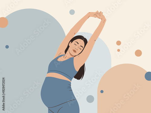 A pregnant woman stretches gracefully, radiating strength and serenity. Soft pastel colors and abstract shapes create a calming, modern aesthetic. Perfect for wellness and motherhood themes.