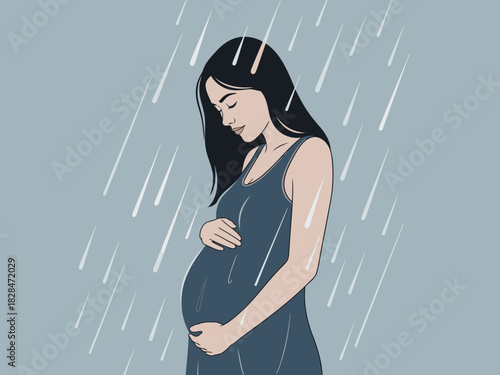 A pregnant woman stands in the rain, holding her belly and looking thoughtful. A soft, melancholic illustration evokes resilience and strength. Suitable for emotional or wellness themes.