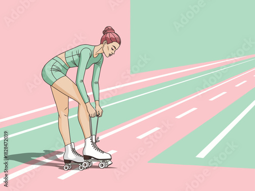 Roller skating woman in motion, dynamic pose on a track. Bold, modern illustration with pastel colors. ?Roll with it? tagline. Energetic and motivational.