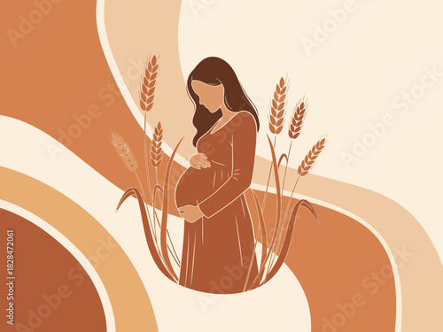 A serene illustration depicts a pregnant woman cradling her belly, surrounded by wheat stalks. ?Love grows here? text adds a warm, inviting touch. Soft, earthy tones create a calming visual.