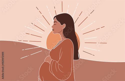 A serene pregnant woman basks in golden light, radiating soulful love. Minimalist illustration evokes peace and connection. Perfect for wellness and motherhood themes.