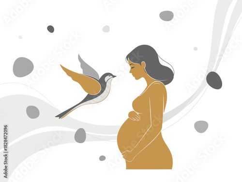 A serene pregnant woman embraces a swallow, symbolizing nurturing and new life. Soft colors and flowing lines create a calming, nature-inspired image. Perfect for wellness and family themes.