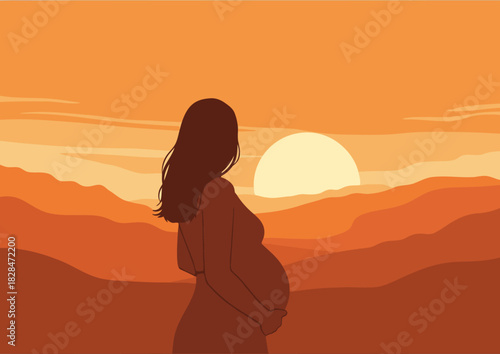 Silhouette of a pregnant woman watches a sunrise over mountains. Warm, serene, and hopeful. Perfect for wellness, motherhood, or new beginnings themes.